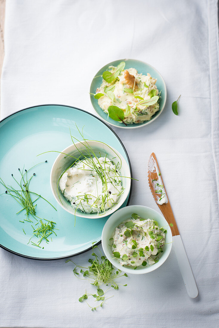 Various dips with microgreens