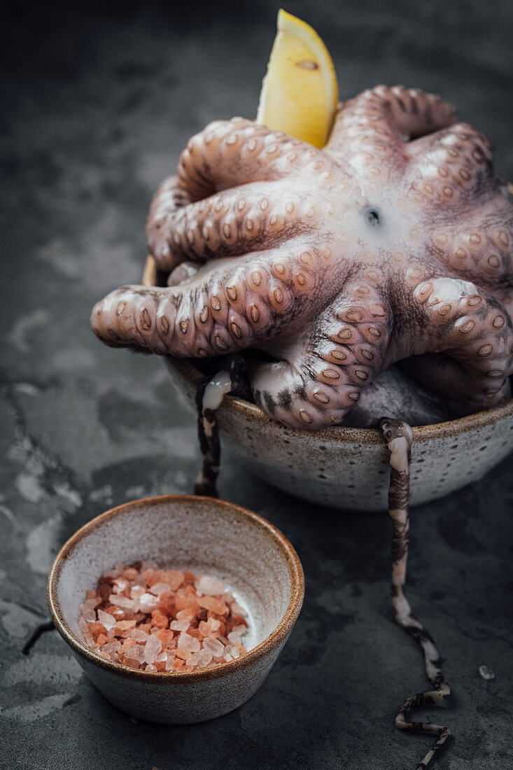 Fresh octopus in a bowl with lemon and pink salt