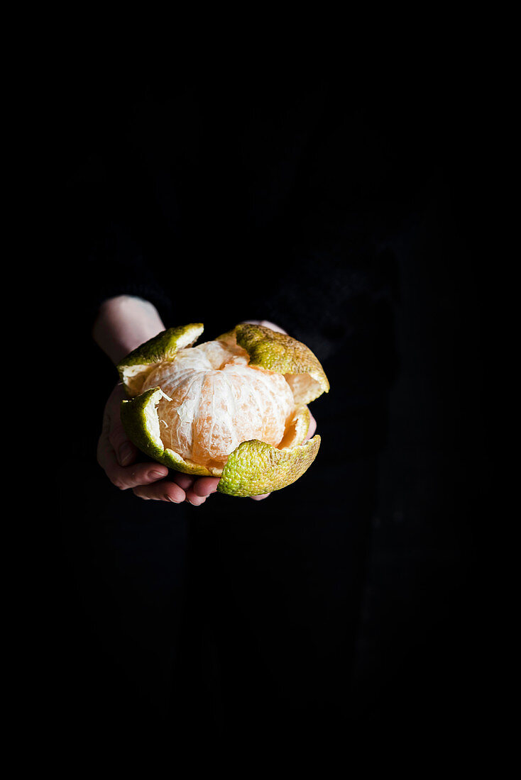 A person holding an ugli fruit