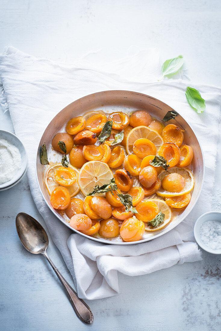 Oven-roasted apricots with lemon and basil