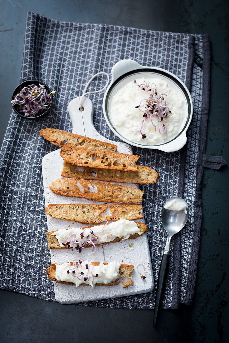 Toasted bread with radish dip and sprouts