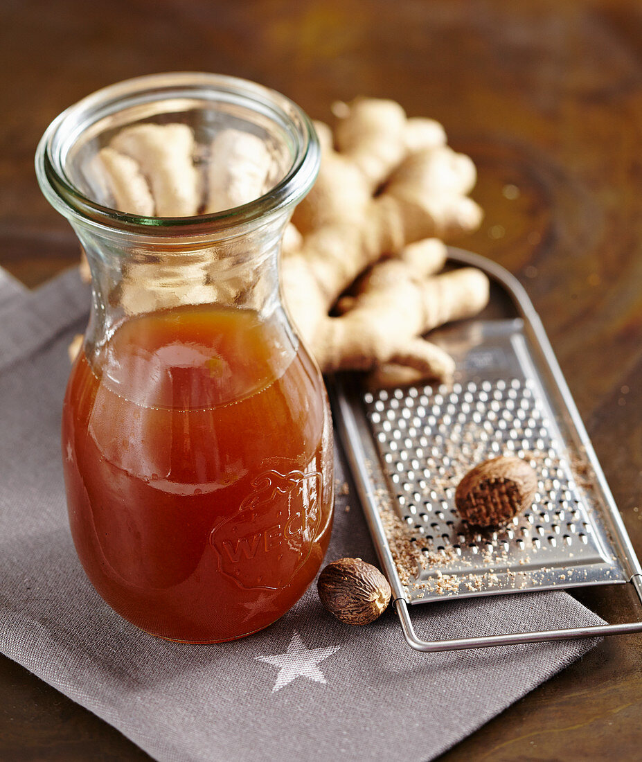 Homemade nutmeg syrup with ginger