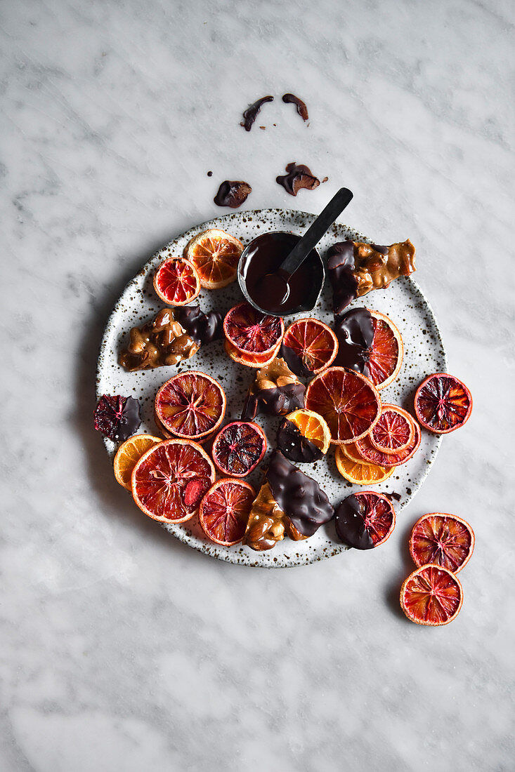 Dried blood oranges dipped in chocolate