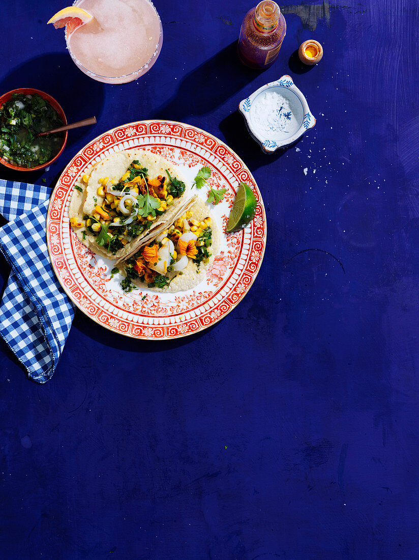 Calamari and corn tacos with salsa verde