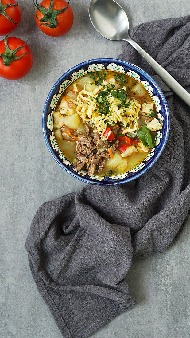 Manpar soup with pasta, traditional soup of middle asia