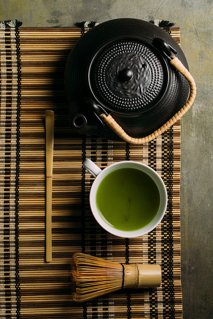 Teapot, Matcha tea and bamboo whisk