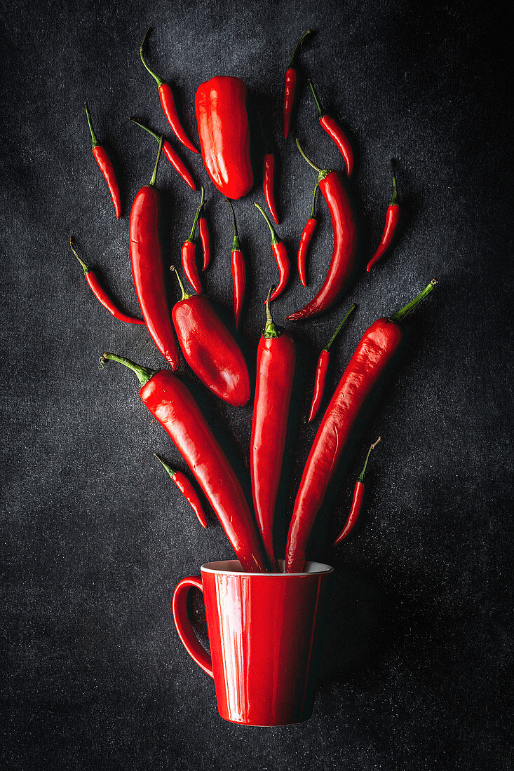 Fresh red and spicy chilli peppers on dark background