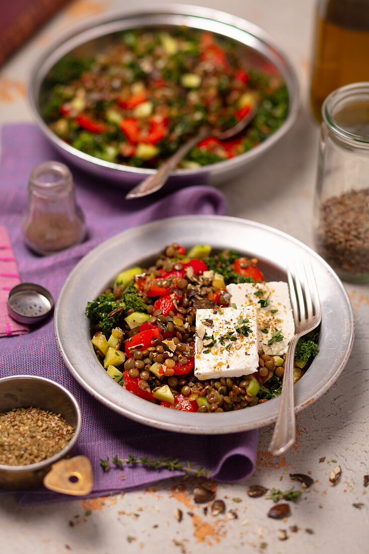 Green lentils, cucumber, kale and baked pepper salad with feta