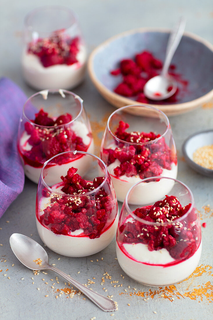 Halvah and mascarpone mousse with raspberries