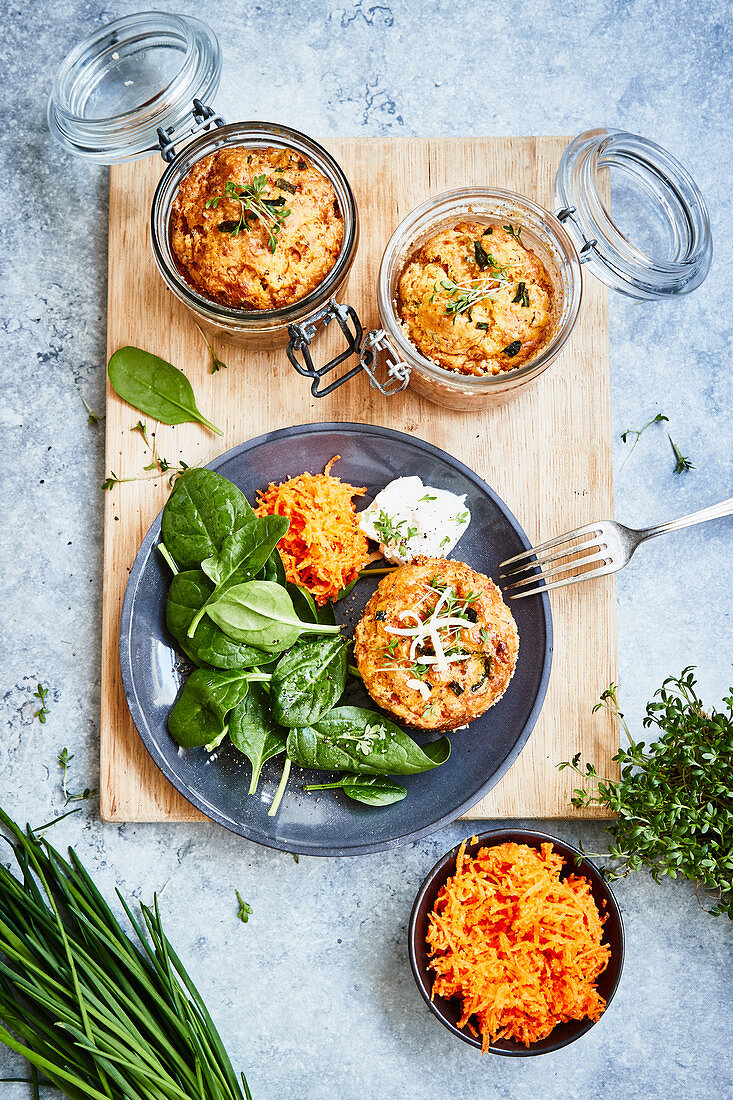 Ham and cheese muffins with carrots and spinach