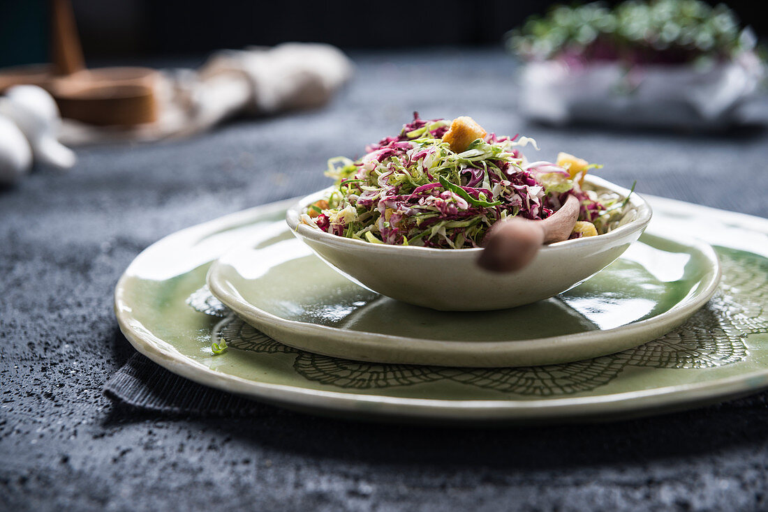 Radicchio and Brussels sprouts salad with croutons