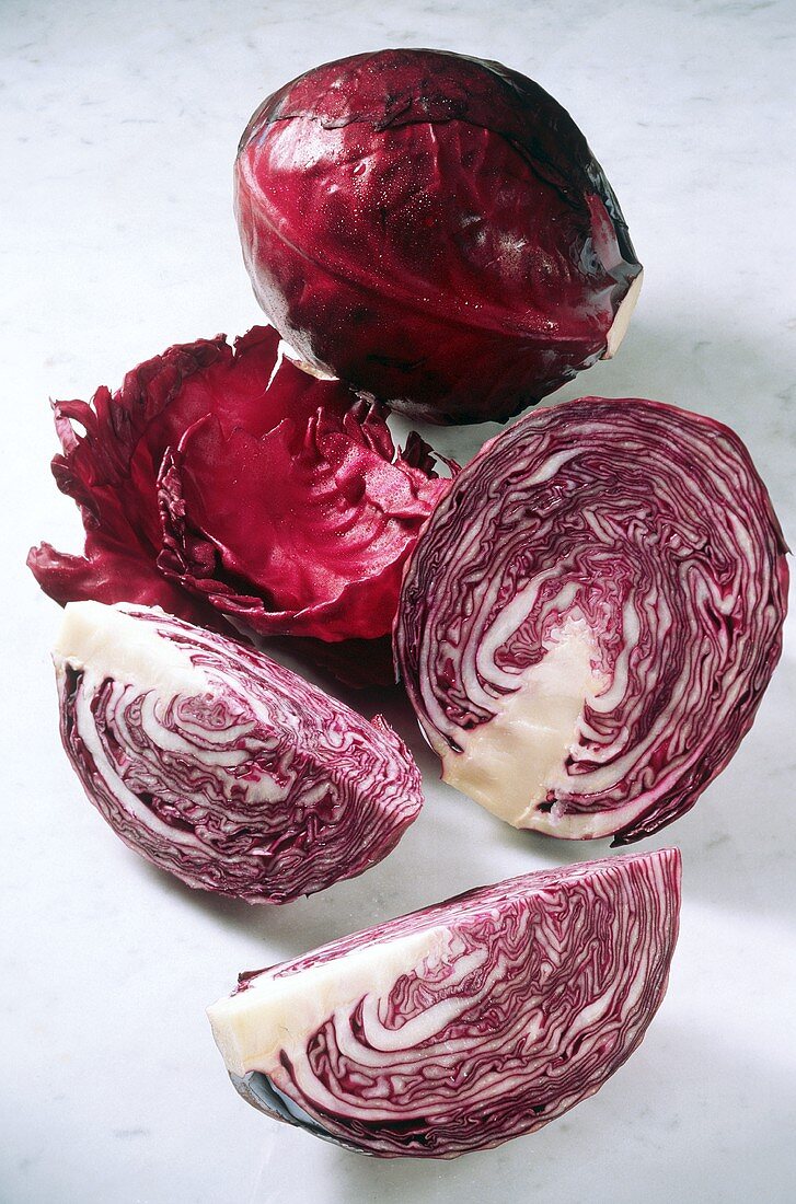 Red Cabbage; Whole and Divided with Loose Leaves