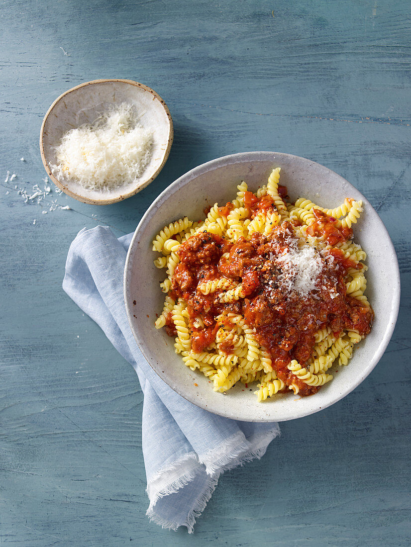 Pasta al ragù with ground beef and parmesan