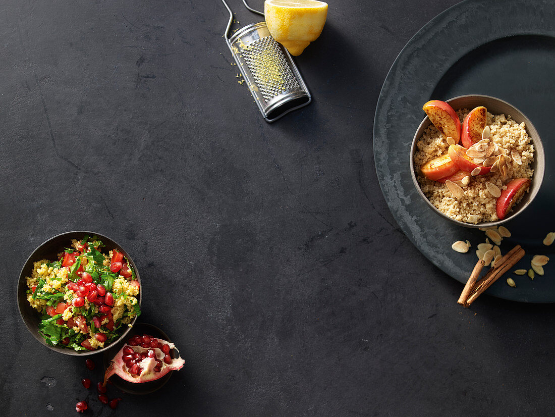 Tabbouleh with parsley and tomatoes, cinnamon couscous with almonds