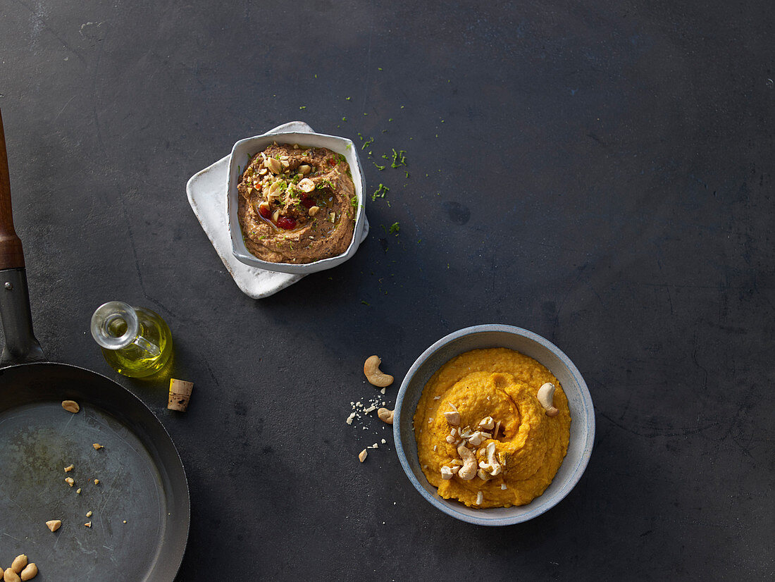 Bean hummus with lime, and carrot hummus with cashew nuts