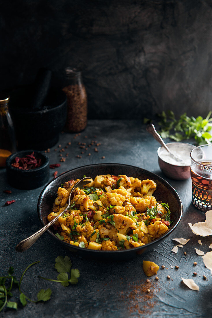 Potatoes and cauliflower florets with masala spices and coriander