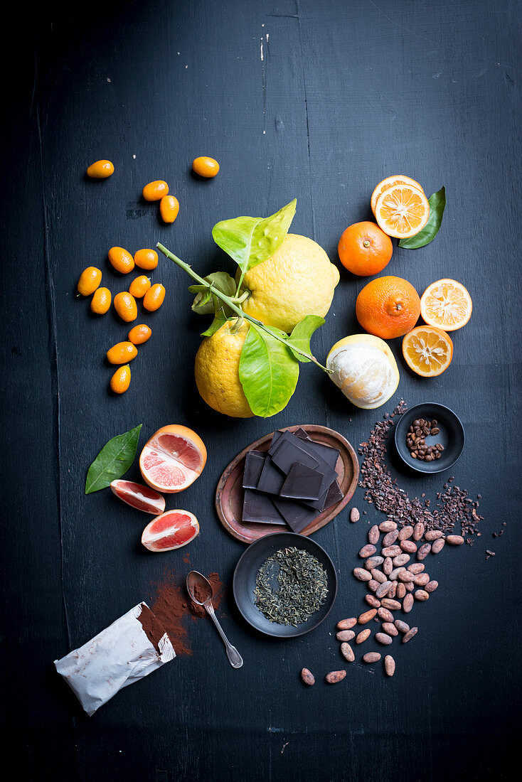 Various citrus fruits, chocolate and cocoa