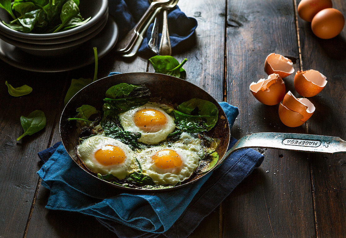 Fried Eggs and Spinach in a Frying pan