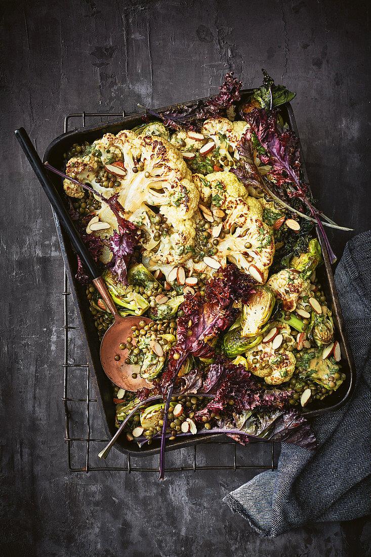 Roasted cauliflower with lentils, brussel sprouts and kale