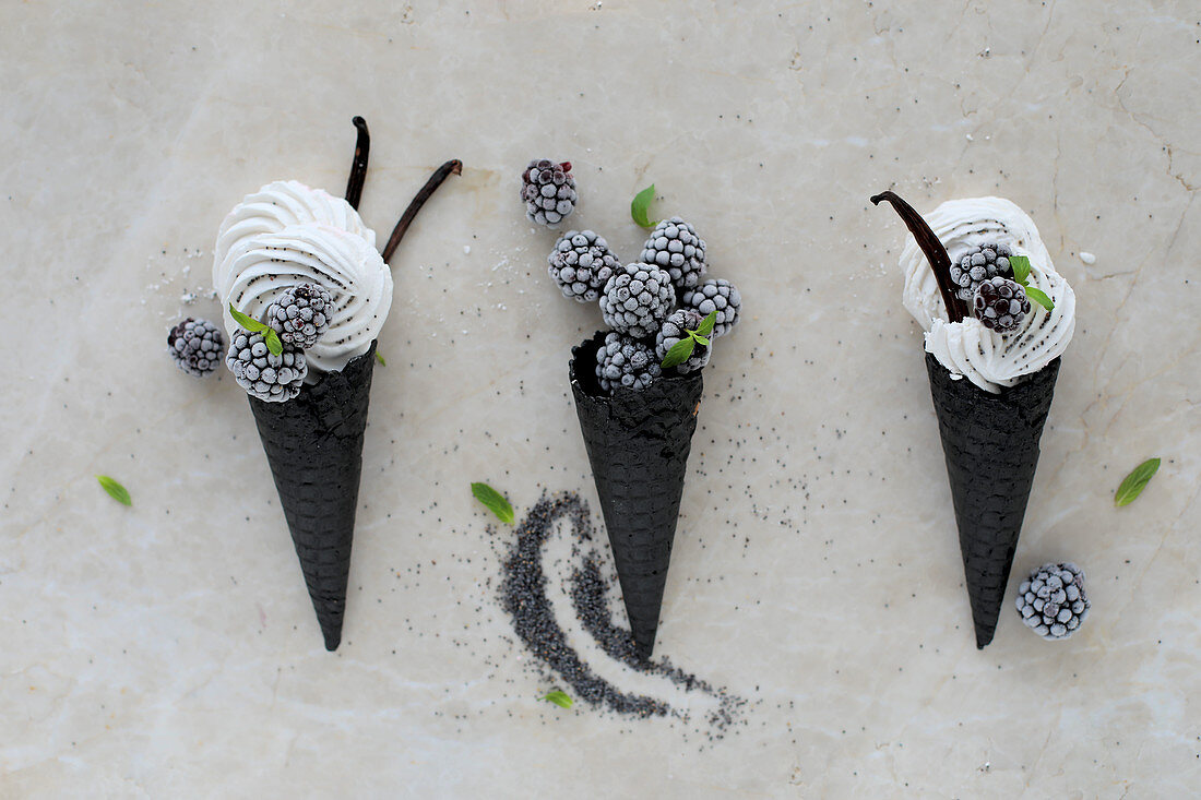 Vanilla Marshmallow (Zefir) with Blackberries and Poppy Seeds, Mint in Black Waffle Cone
