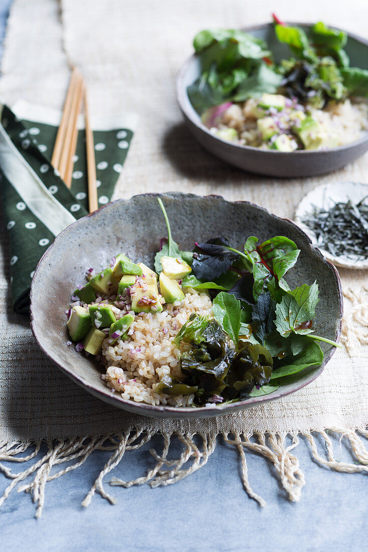 A 'Donburi' rice salad bowl with algae, avocado and nori