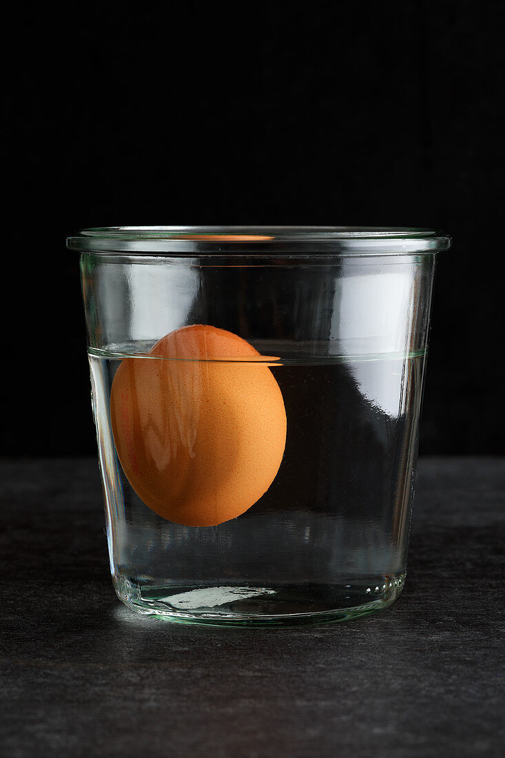 An old egg floating in a glass of water