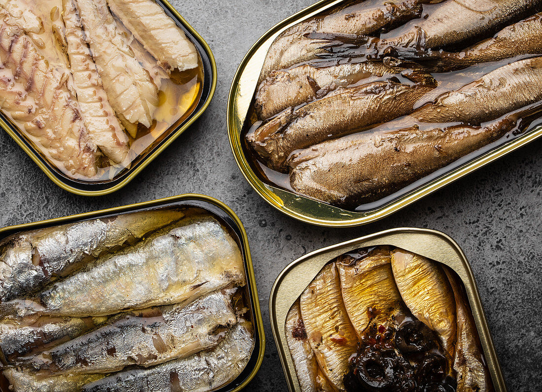Assorted canned fish in a tin