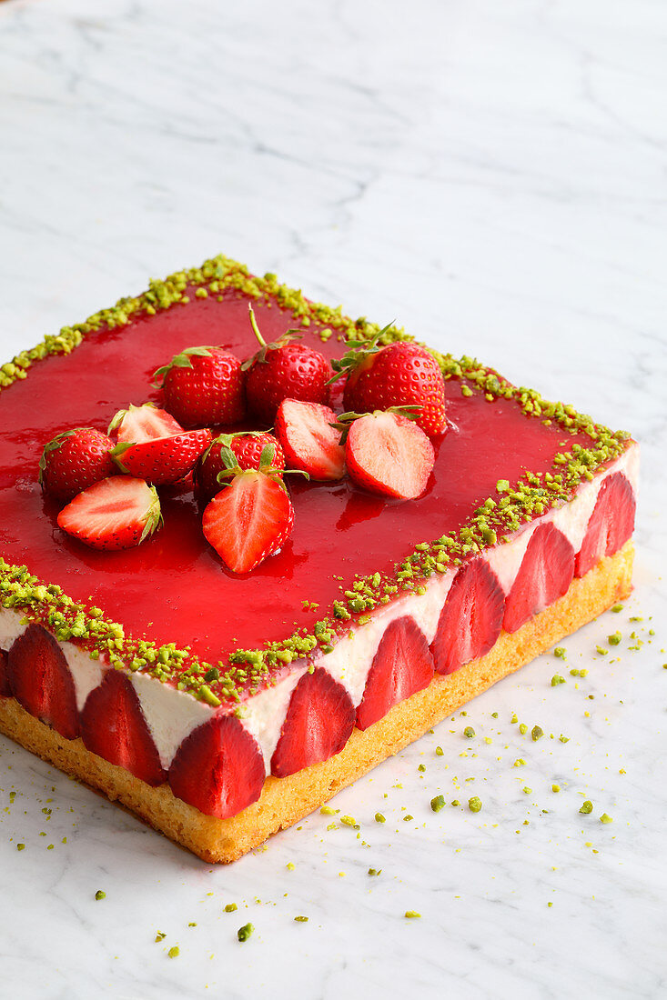 Square strawberry Fraisier cake