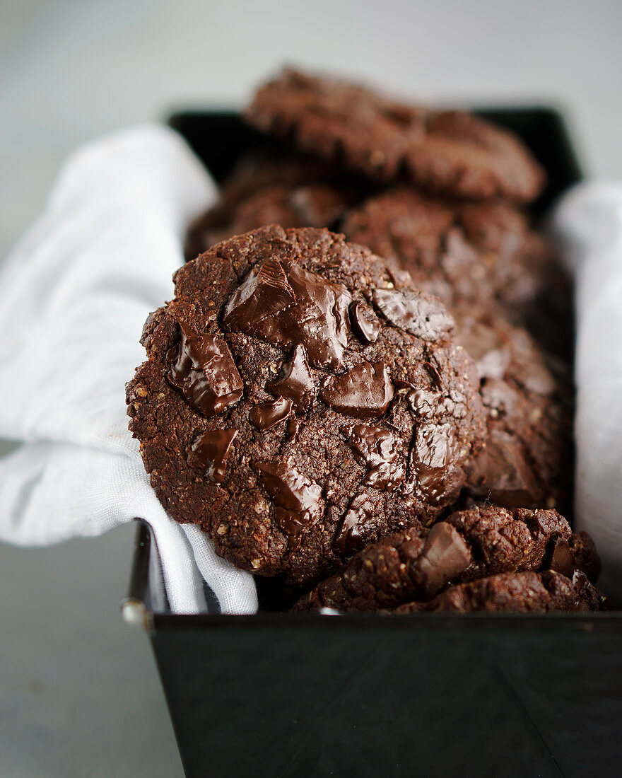 Vegan chocolate biscuits in a black loaf tin
