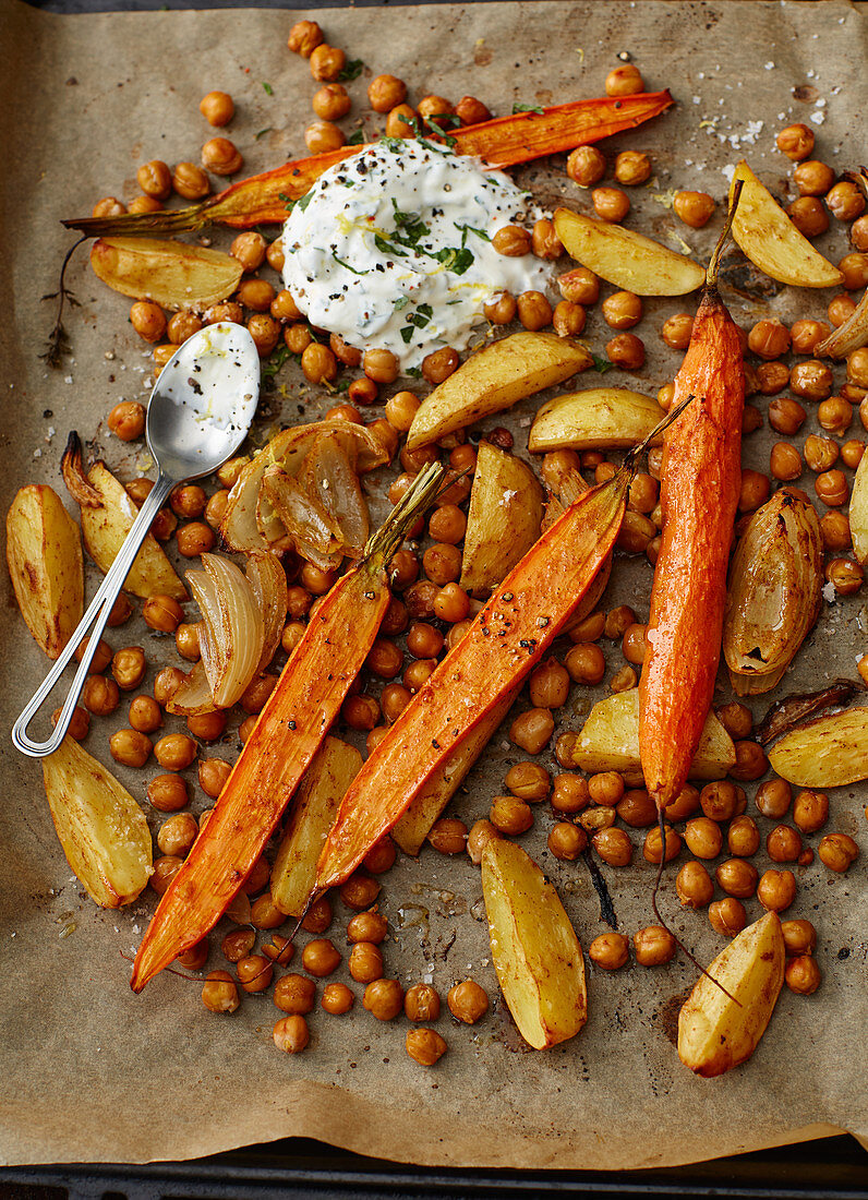 Oven-roasted Moroccan vegetables with a dip