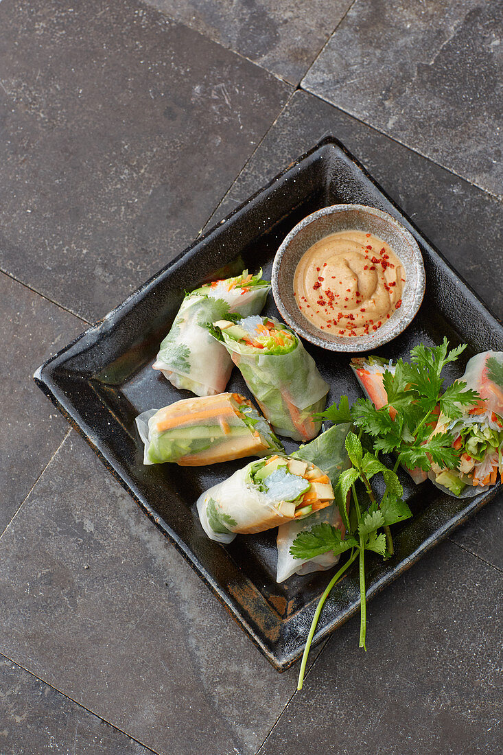 Vietnamese summer rolls with a peanut dip