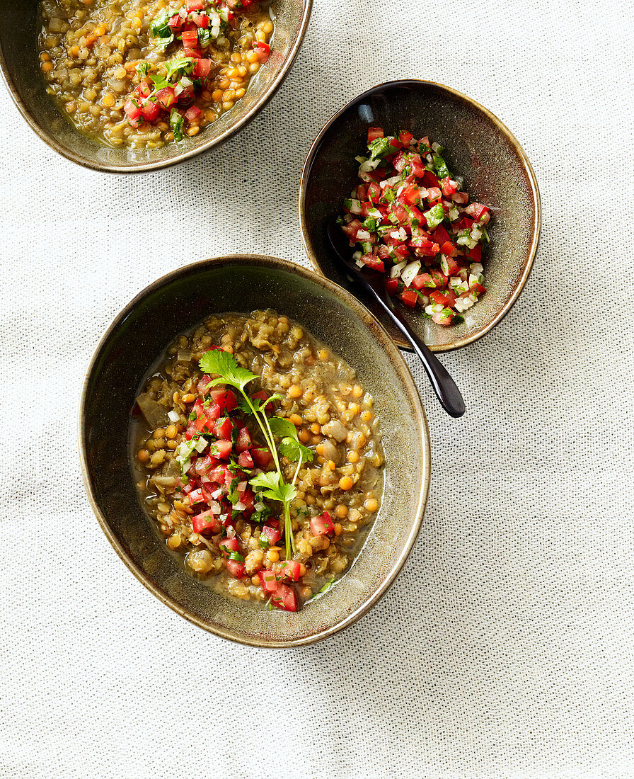 Lentil soup with salsa and coriander