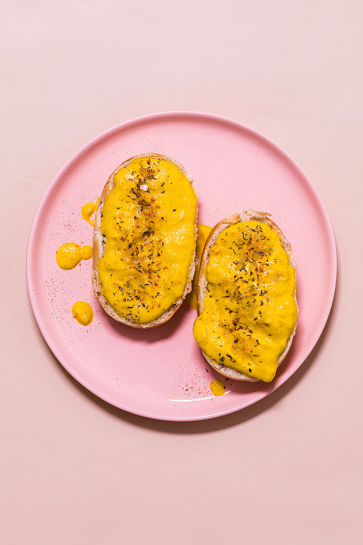 Baguette with a pumpkin and mustard spread