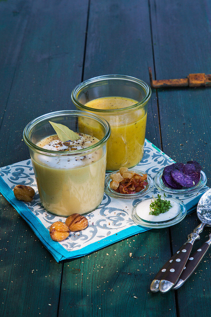 Chestnut and potato soup, and potato soup with three toppings