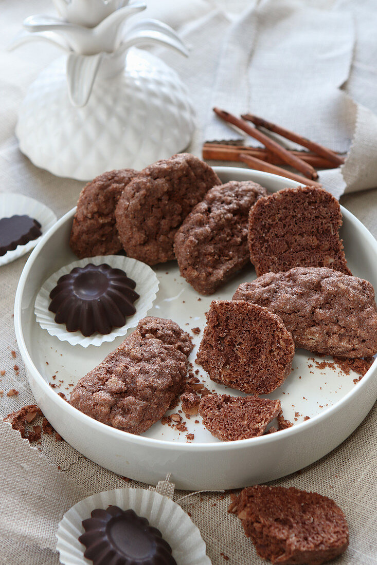 Gluten-free biscuits with cocoa and shaped chocolate pieces