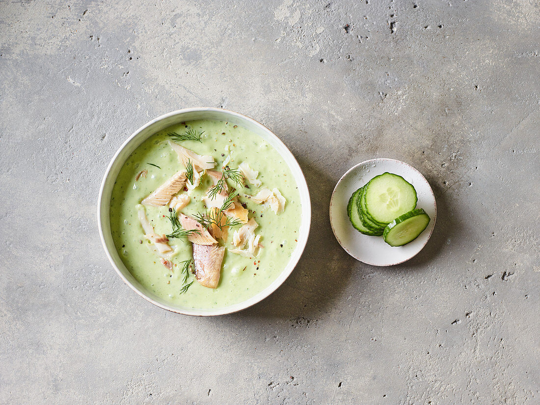 Cold buttermilk and cucumber soup with trout