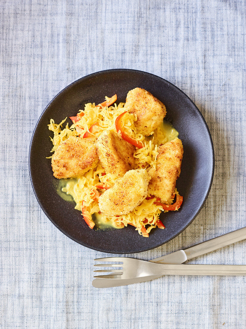 Curried sauerkraut with coconut and chicken nuggets