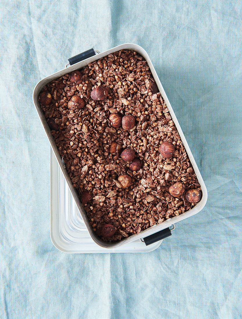 Homemade sugar-free hazelnut and chocolate granola