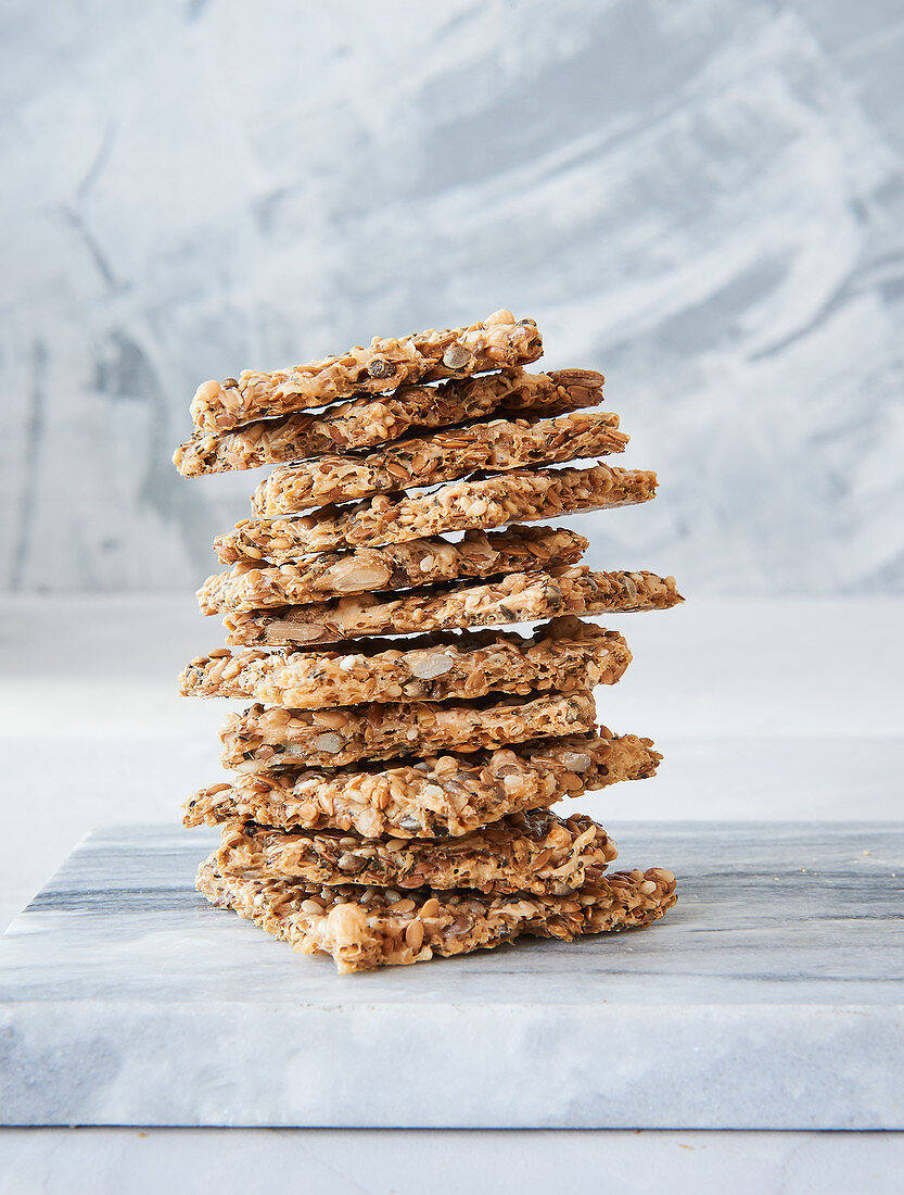 A stack of flaxseed crackers