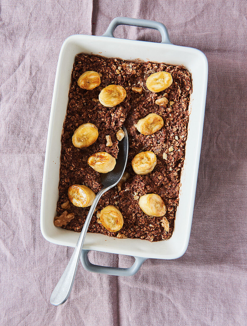 Baked chocolate oatmeal with banana