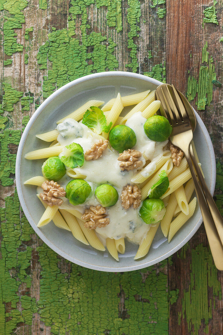 Rigatoni with gorgonzola, brussels sprouts and walnuts