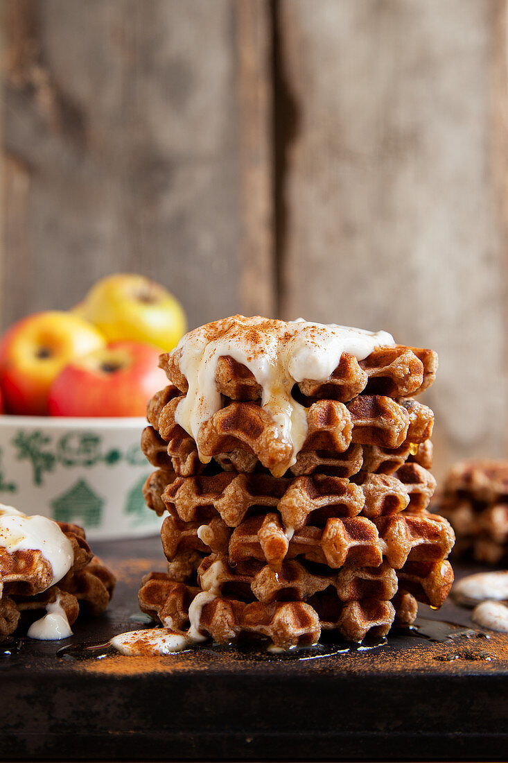 Apple waffles with yoghurt and cinnamon