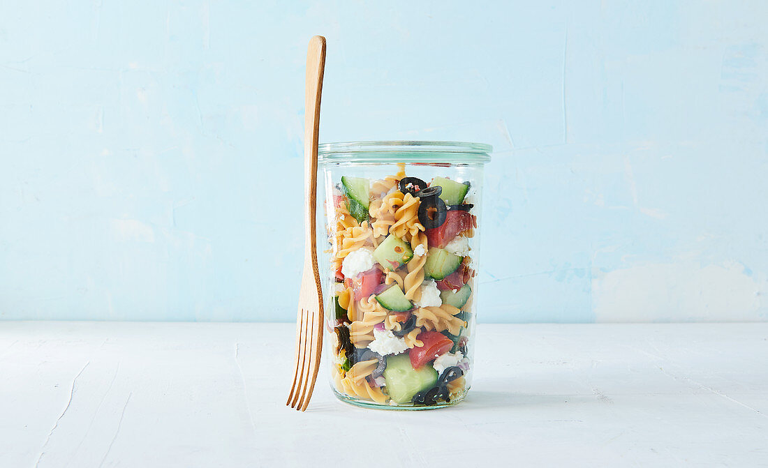 Greek chickpea and pasta salad in a glass