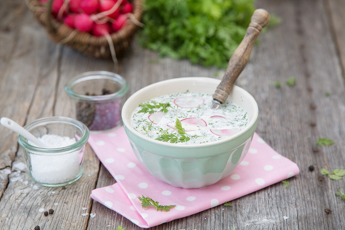 Chervil soup with radishes