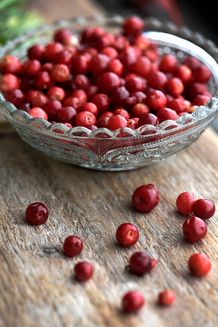 Frische Preiselbeeren in Schälchen und daneben