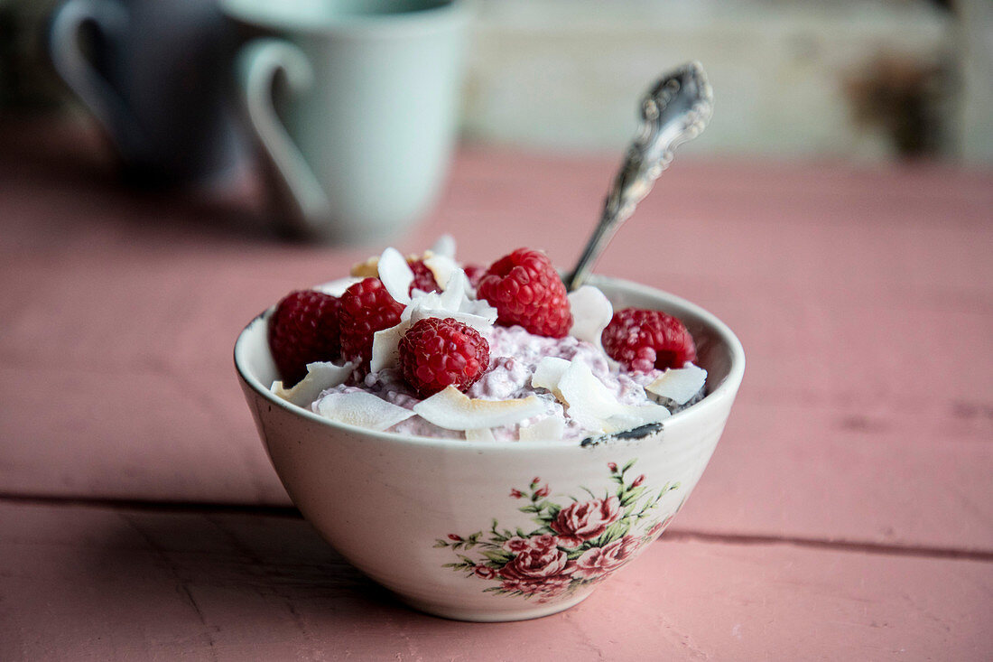 Chia-Himbeerpudding mit Kokoschips