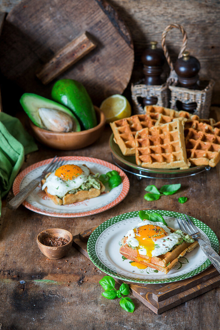 Waffles with avocado and eggs