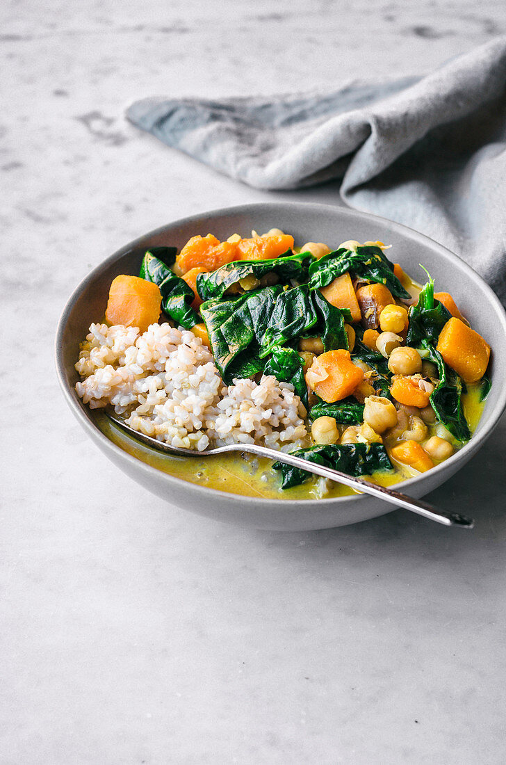 Pumpkin, Chickpea and Spinach Curry with Rice