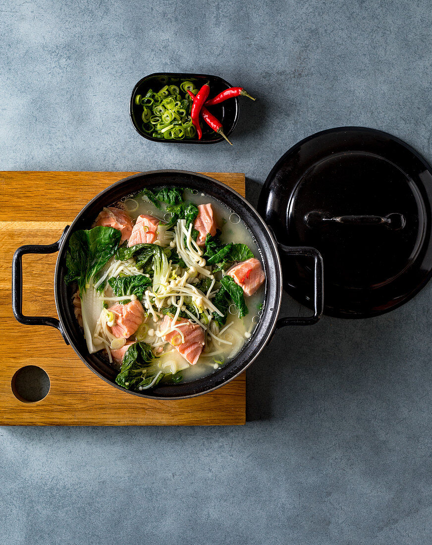 Salmon in a miso fond with mushrooms