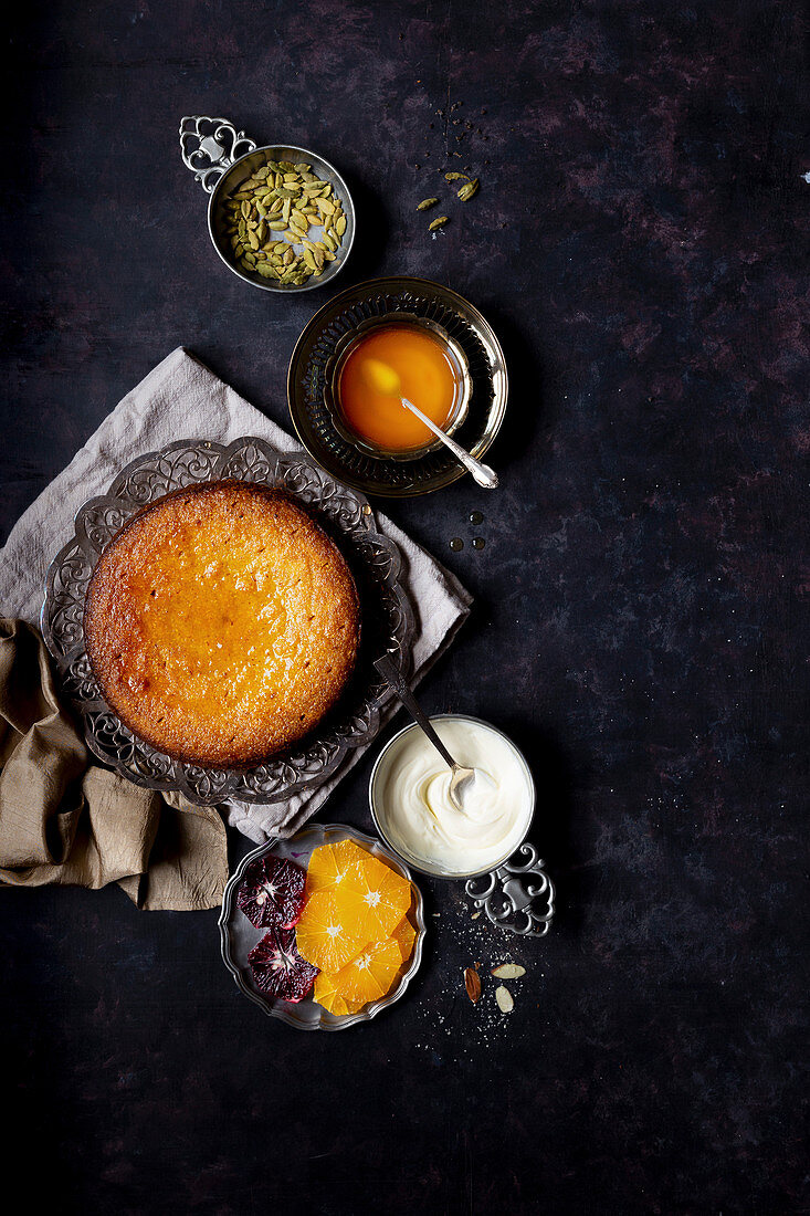 Whole orange olive oil cake with almond and cornmeal, finished with cardamom orange syrup (Gluten-free)